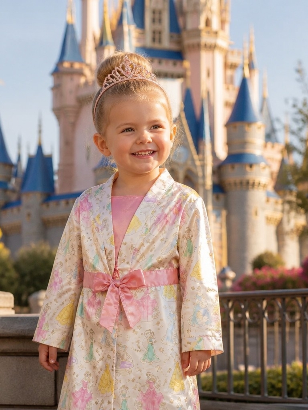 Disney Girls Satin Princess Robe in Pink and Pastel Print